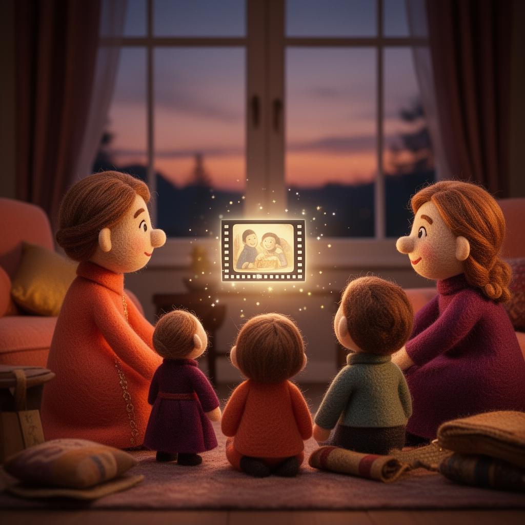 Família puppet de feltro assistindo a uma memória ganhando vida